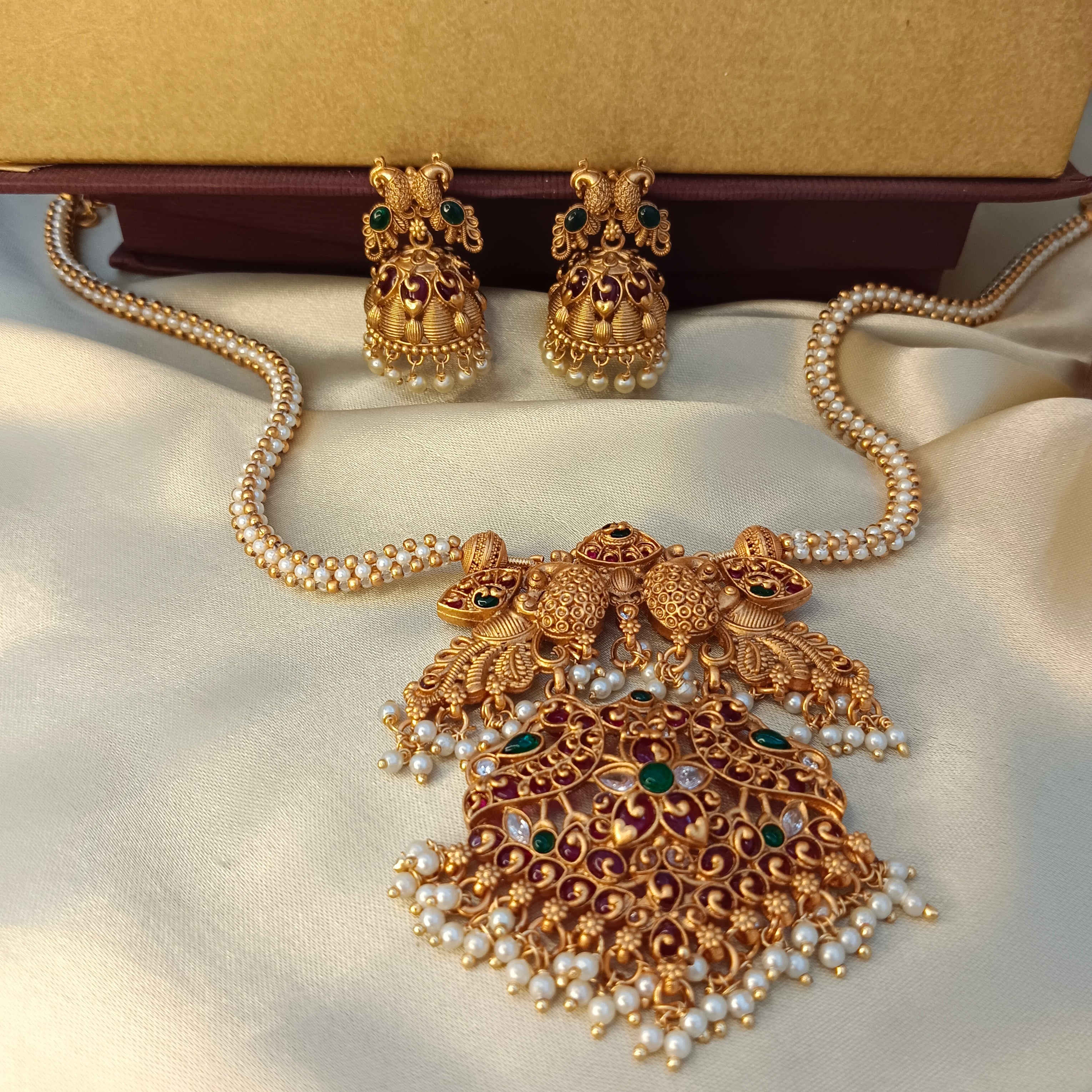 Bhavi Jewels Gold Plated Pota Stone Necklace Set