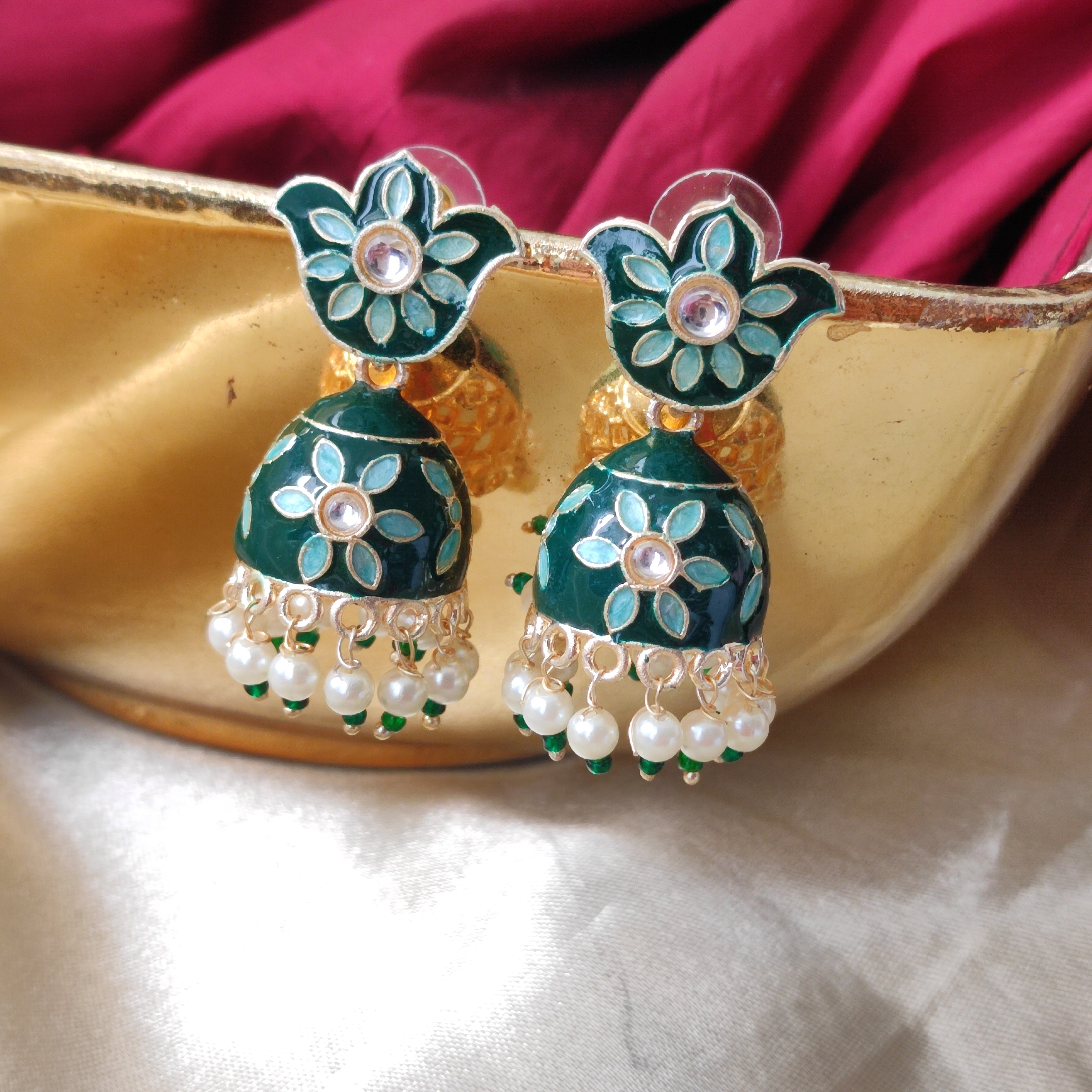 Bhavi Jewels Gold Palatd Meenakari Jhumki Earring