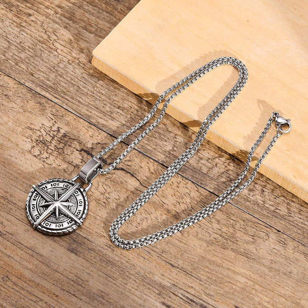Mahi Oxidised Round Pendant Cross Compass Necklace Chain for Men (PS1101864R)