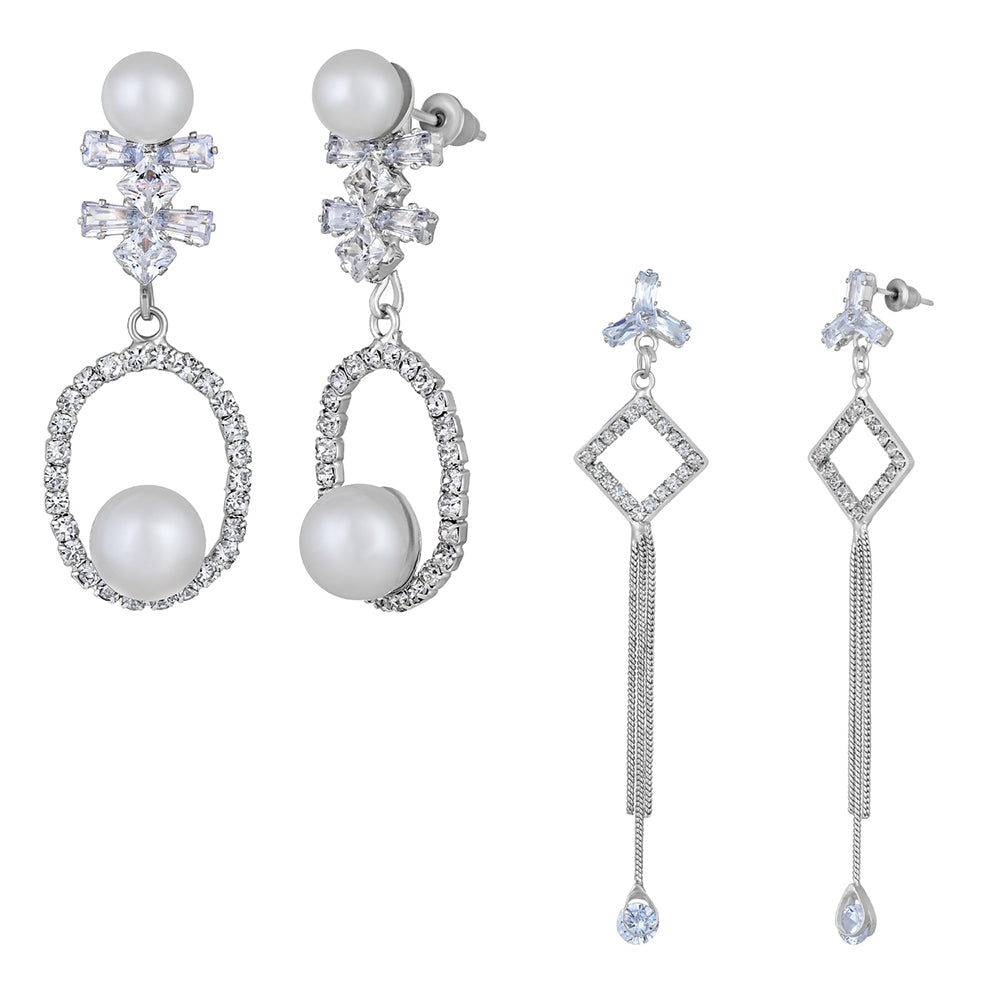 Mahi Combo of 2 American Diamond Rhodium Plated Dangle & Tassel Earrings for Women (VERCO001044)