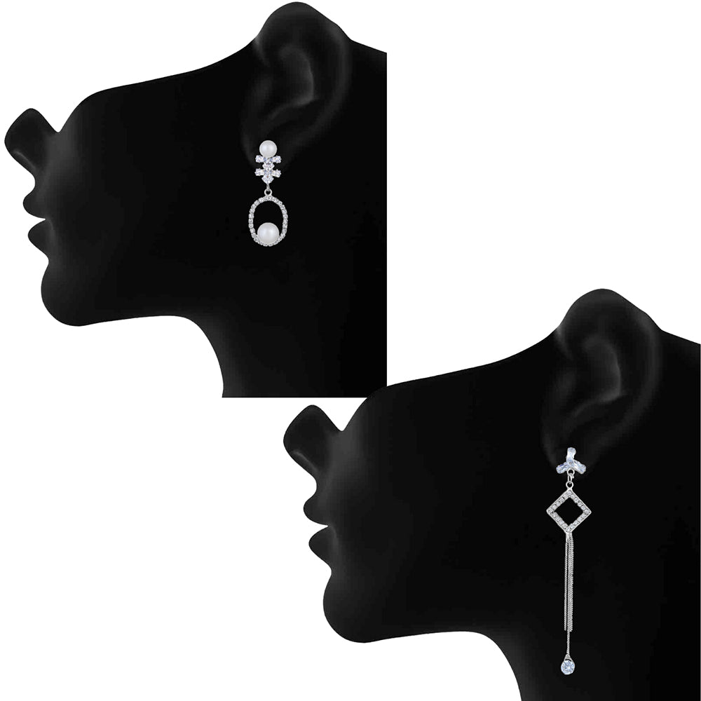 Mahi Combo of 2 American Diamond Rhodium Plated Dangle & Tassel Earrings for Women (VERCO001044)