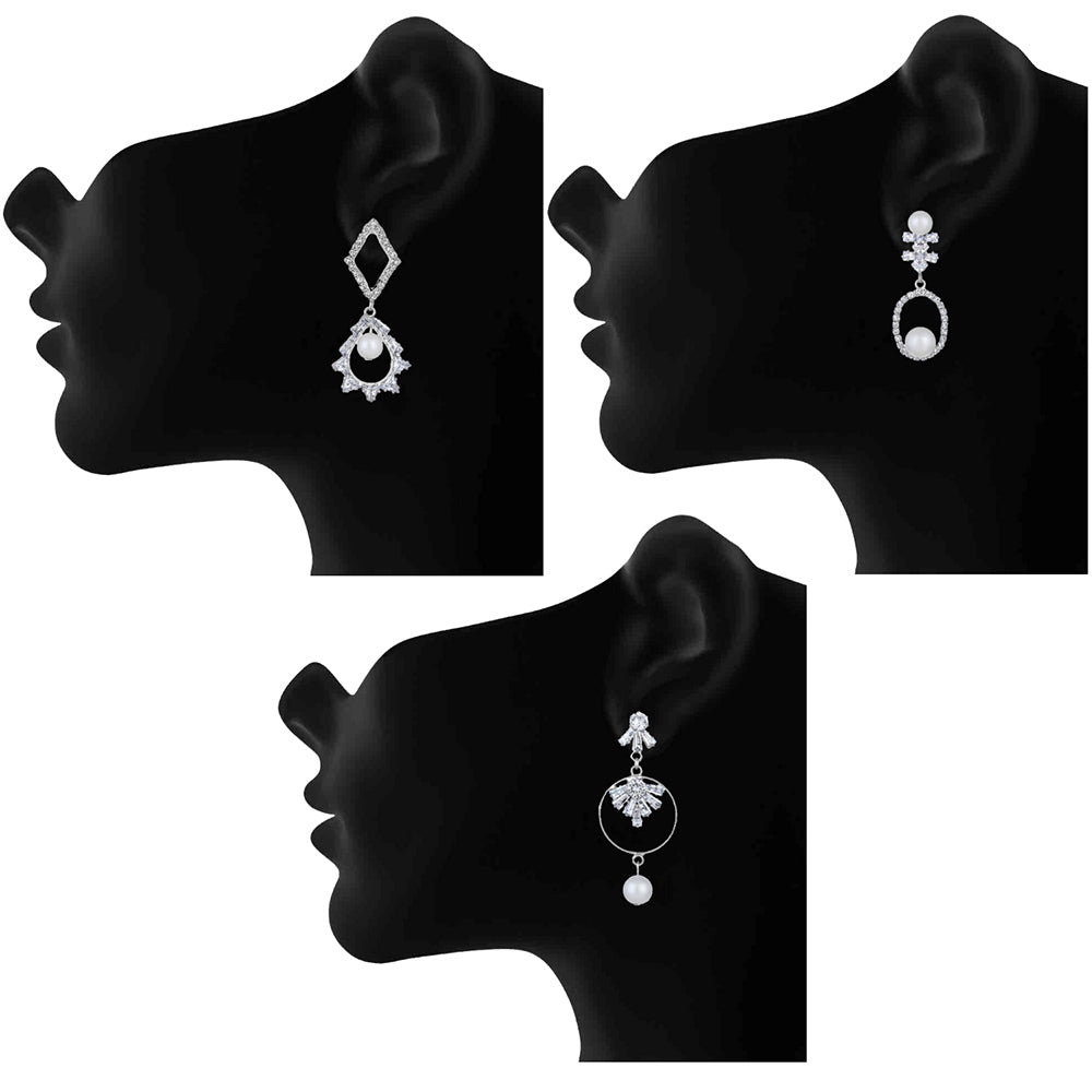 Mahi Combo of 3 Rhodium Plated Party Wear Dangler Earrings for Women (VERCO001049)