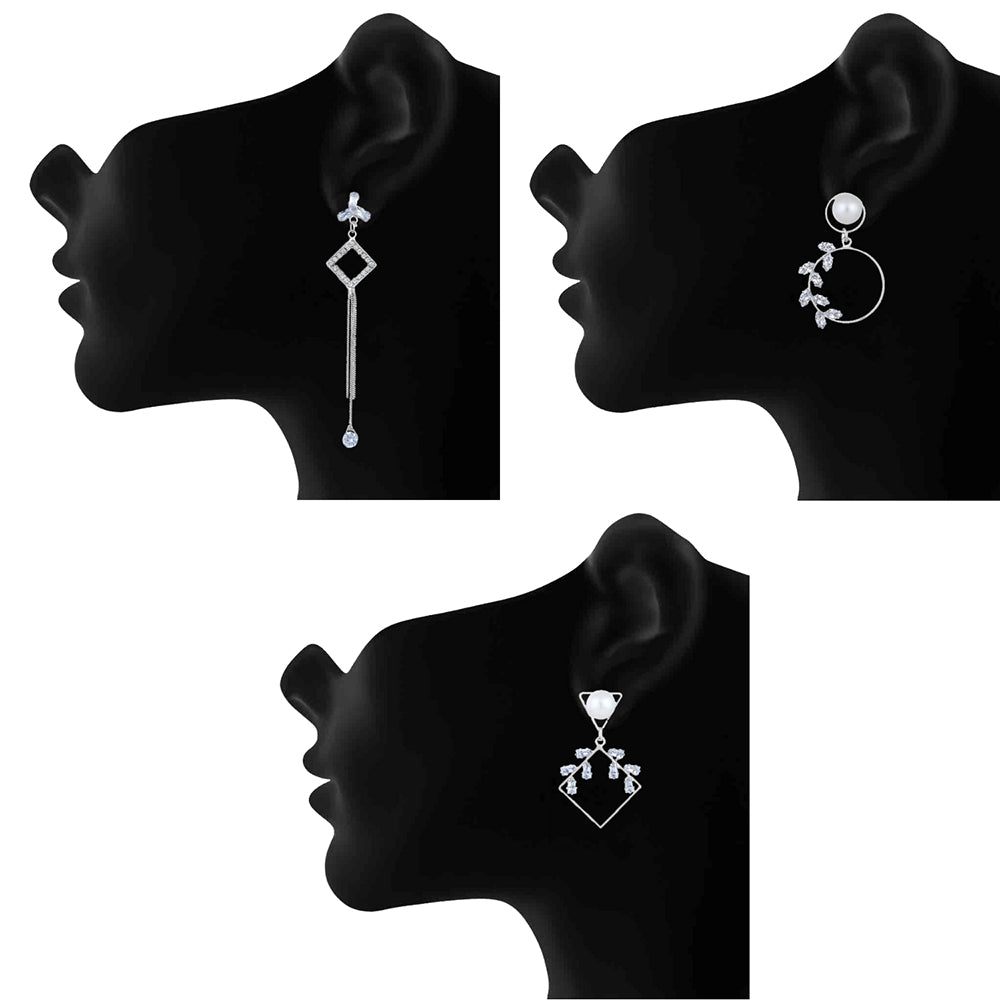 Mahi Combo of 3 Rhodium Plated Long Dangle Earrings for Women (VERCO001051)