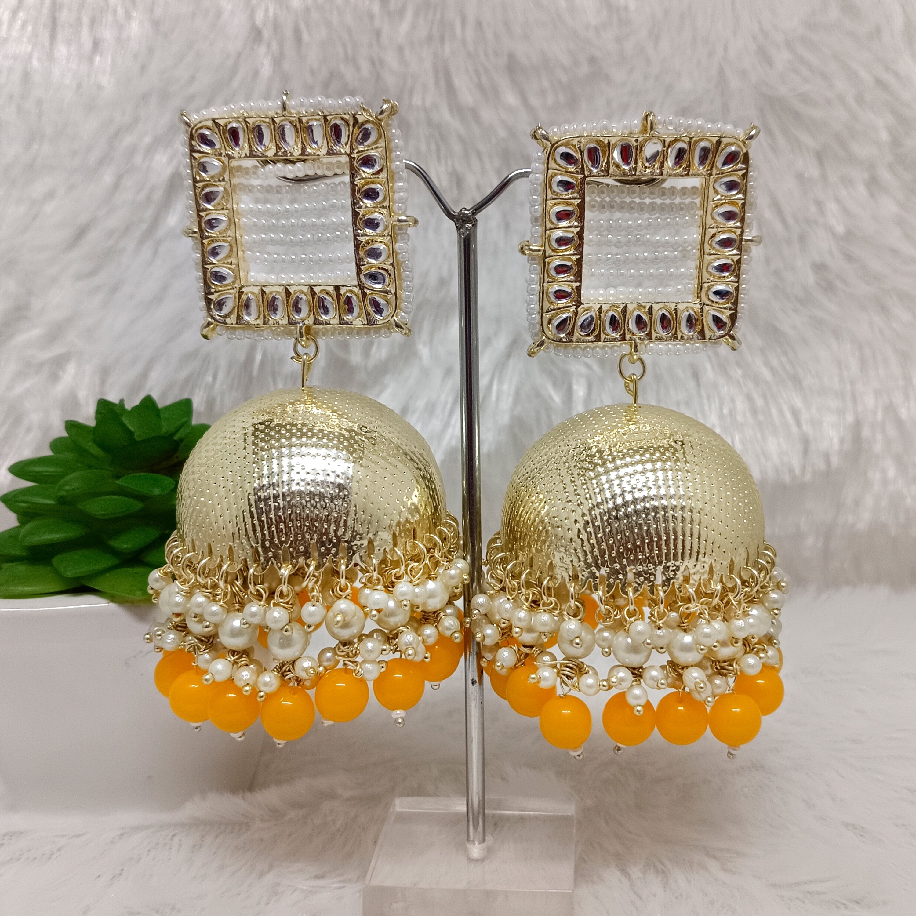 Bhavi Jewels Gold Plated Kundan Stone & Beads Jhumkis Earrings