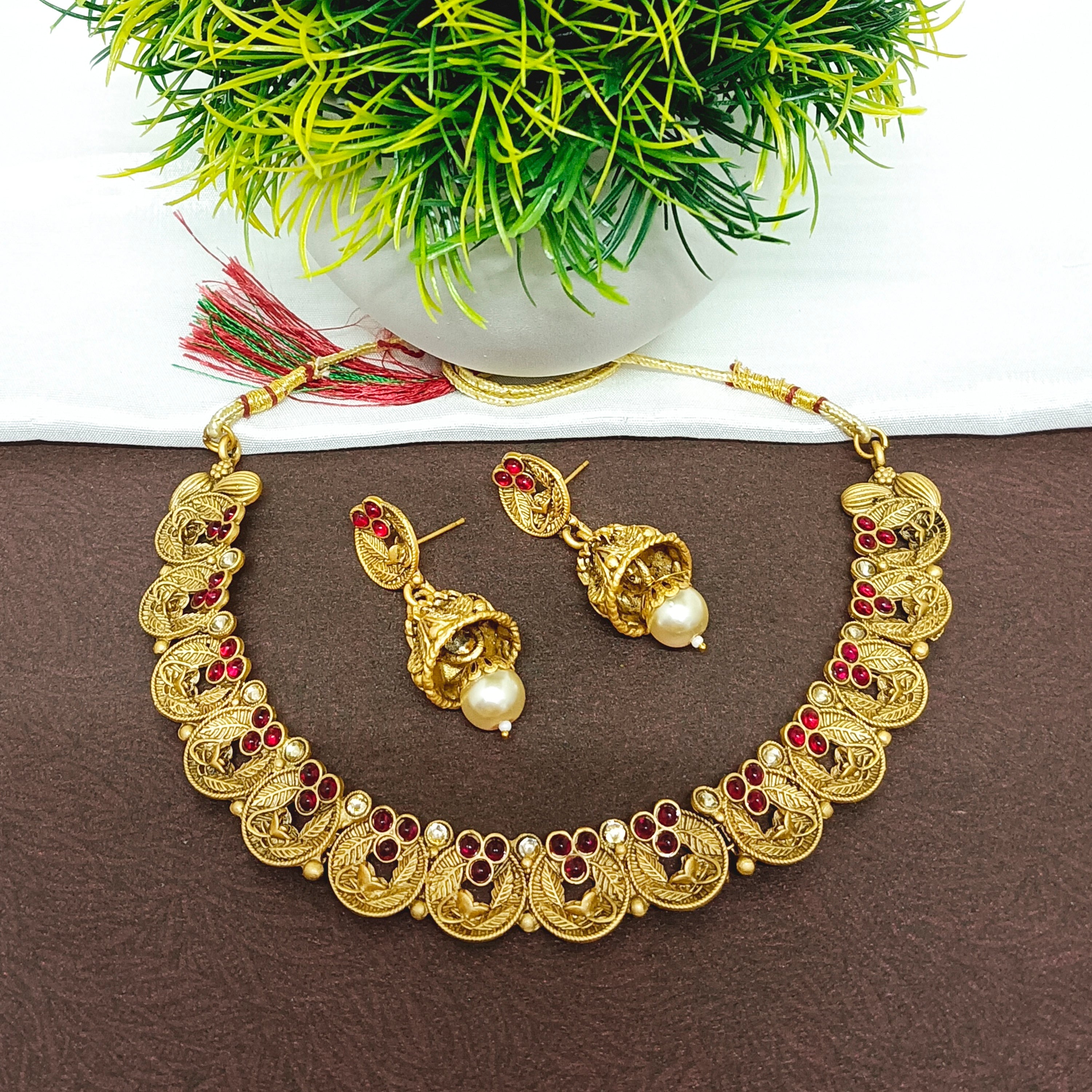 Bhavi Jewels Pota Stone Gold Plated  Necklace Set