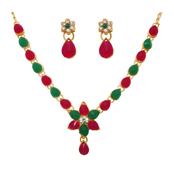 Kriaa Maroon Pota Stone Floral Gold Plated Necklace Set
