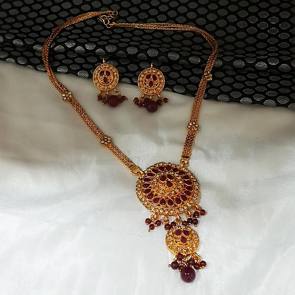 Kriaa Gold Plated Maroon Austrian Stone Necklace Set  - 1104547A