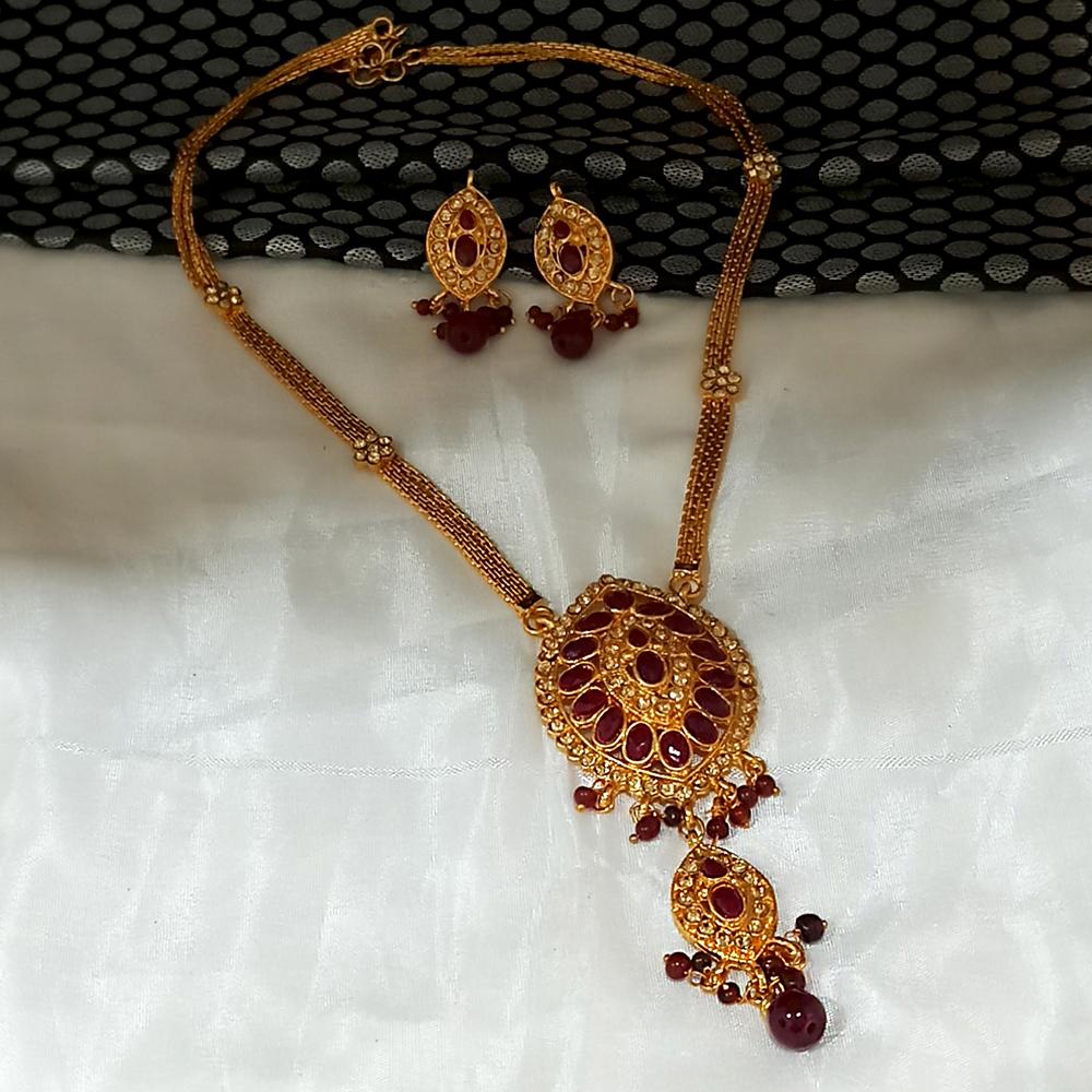 Kriaa Gold Plated Maroon Austrian Stone Necklace Set  - 1104553A