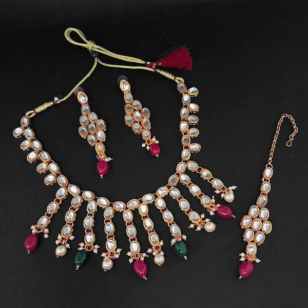 Kriaa Kundan And Maroon And Green Beads Gold Plated Necklace Set With Maang Tikka