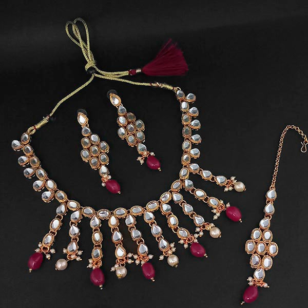 Kriaa Gold Plated Kundan And Maroon Beads Necklace Set With Maang Tikka