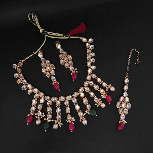 Kriaa Kundan And Green Beads Gold Plated Necklace Set With Maang Tikka