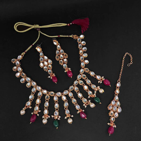 Kriaa Kundan Green Beads Gold Plated Necklace Set With Maang Tikka