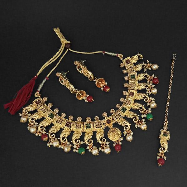 Kriaa Gold Plated Green Austrian Stone Necklace Set With Maang Tikka