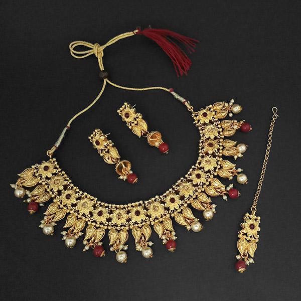 Kriaa Gold Plated Maroon Austrian Stone Necklace Set With Maang Tikka