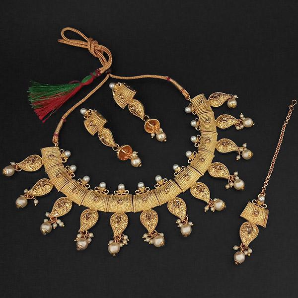 Kriaa Brown Austrian Stone And Pearl Necklace Set With Maang Tikka