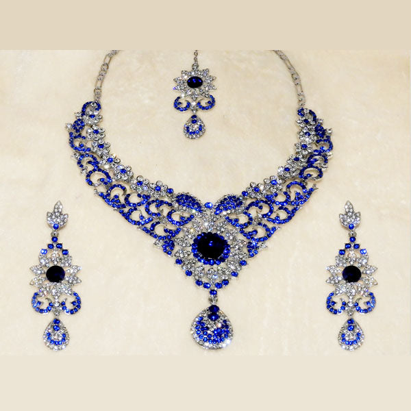 Devnath Art Austrian Stone Silver Plated Necklace Set With Maang Tikka