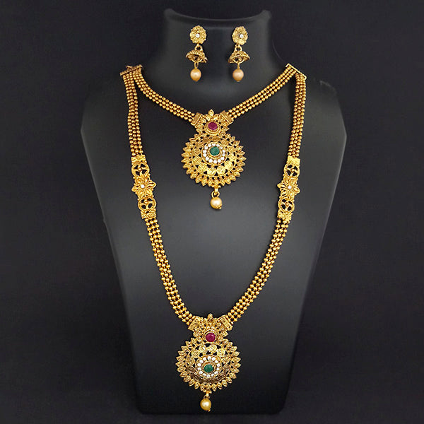 Kriaa Gold Plated Maroon Green Stone Double layer Necklace Set