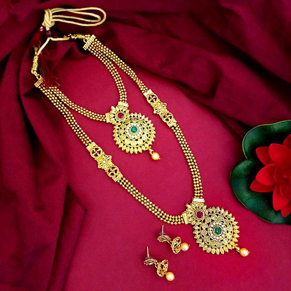 Kriaa Gold Plated Maroon Green Stone Double layer Necklace Set
