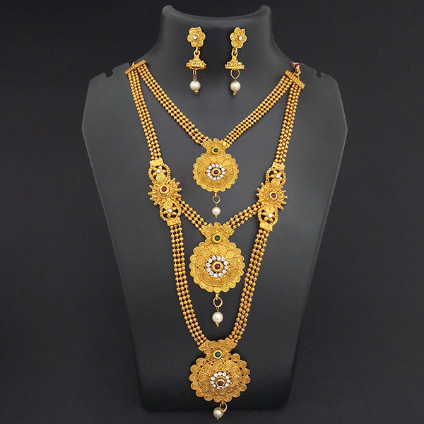 Kriaa Gold Plated Maroon Green Stone Triple layer Necklace Set