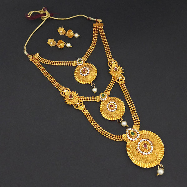 Kriaa Gold Plated Maroon Green Stone Triple layer Necklace Set