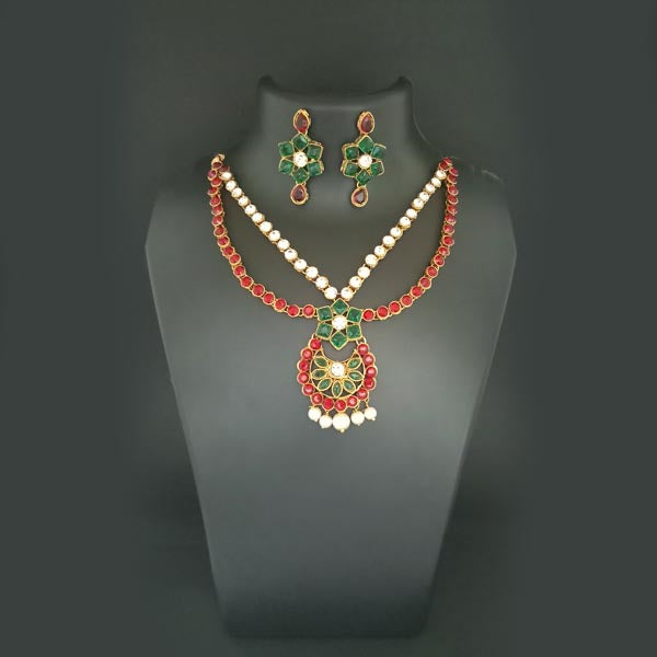 Midas Touch Red Kundan Stone Gold Plated Necklace Set
