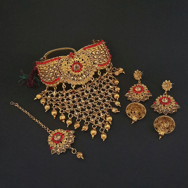 Kriaa Red Austrian Stone Choker Necklace Set With Maang Tikka