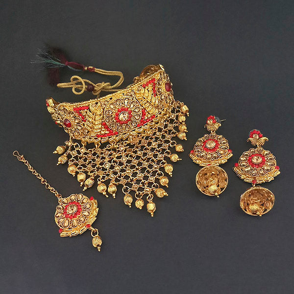 Kriaa Red Austrian Stone Choker Necklace Set With Maang Tikka