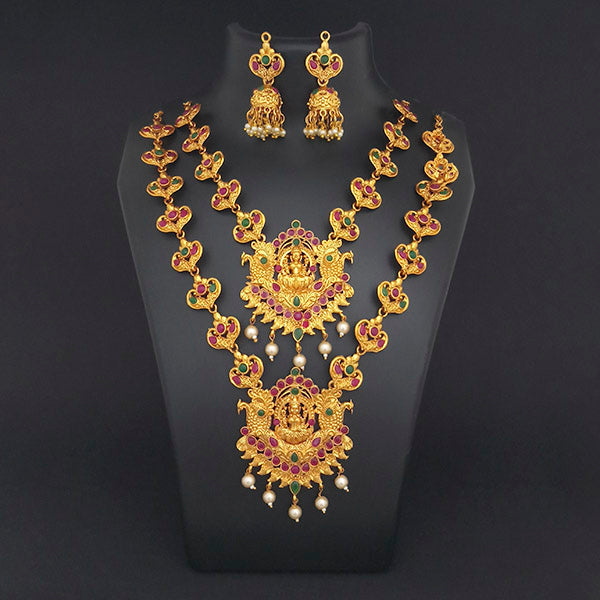Kriaa Maroon Stone Double Gold Plated Necklace Set - 1113731