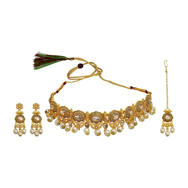 Kriaa Gold Plated Brown Kundan Choker Necklace Set With Maang Tikka - 1113818