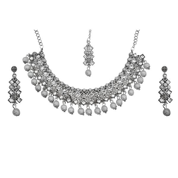 Kriaa Silver Plated White Stone And Kundan Choker Necklace Set With Maang Tikka - 1113820