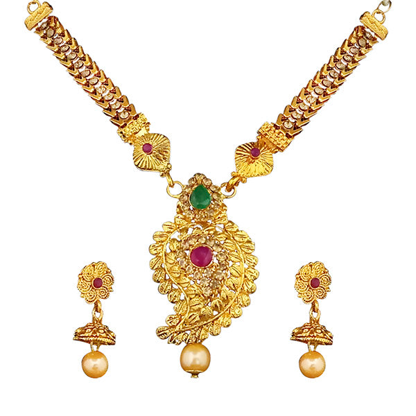 Kriaa Maroon And Green Austrian Stone Gold Plated Necklace Set - 1113910