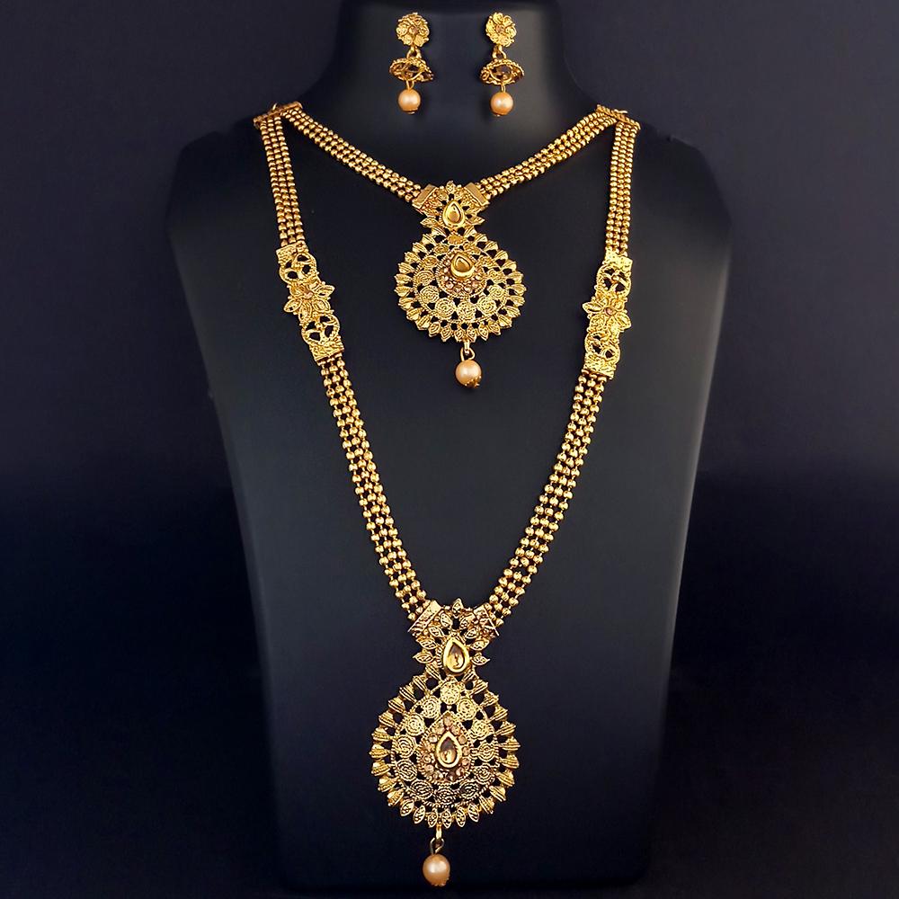 Kriaa Brown Stone Double Gold Plated Necklace Set - 1114011
