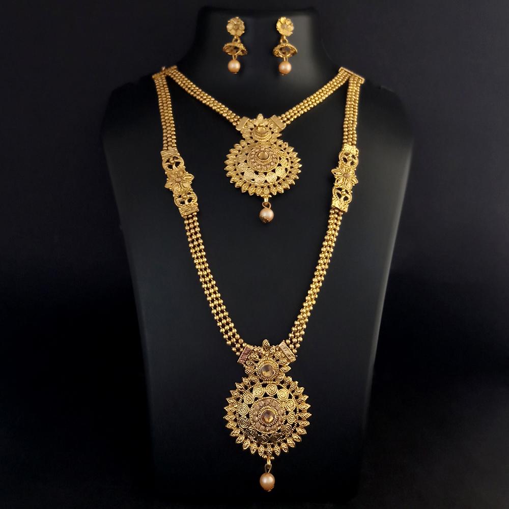 Kriaa Brown Stone Double Gold Plated Necklace Set - 1114012