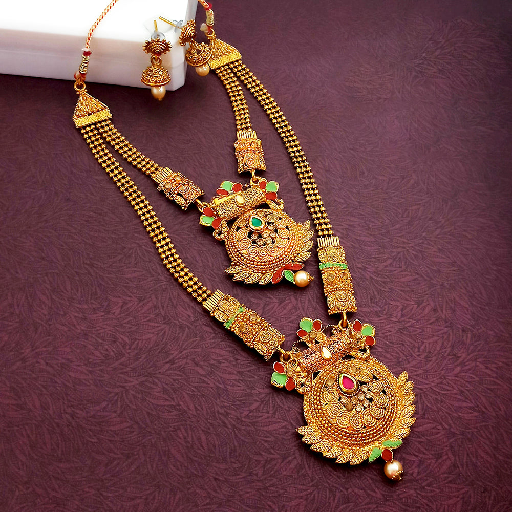 Sai Raj Double Gold Plated Multi Stones Necklace Set