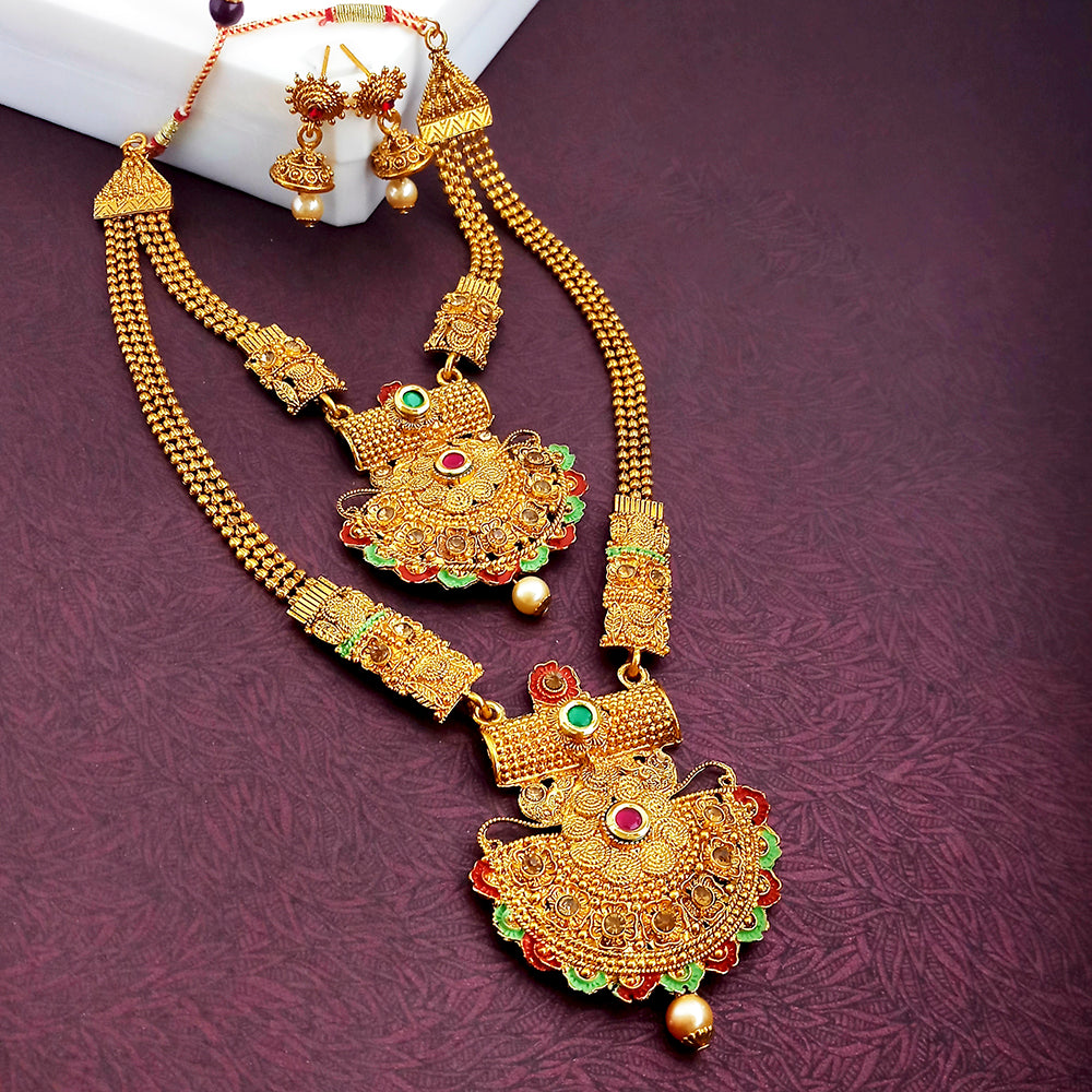 Sai Raj Double Gold Plated Multi Stones Necklace Set