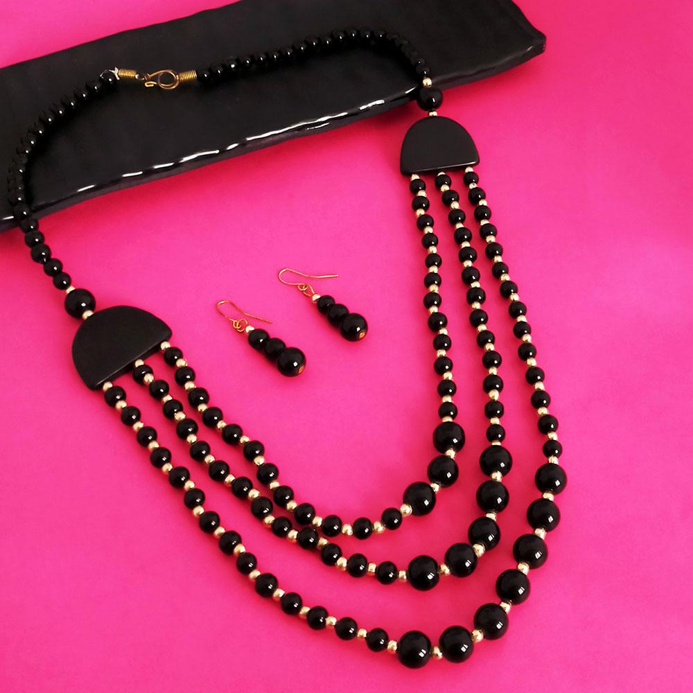 Native Haat Black Beads Triple Layer Necklace Set