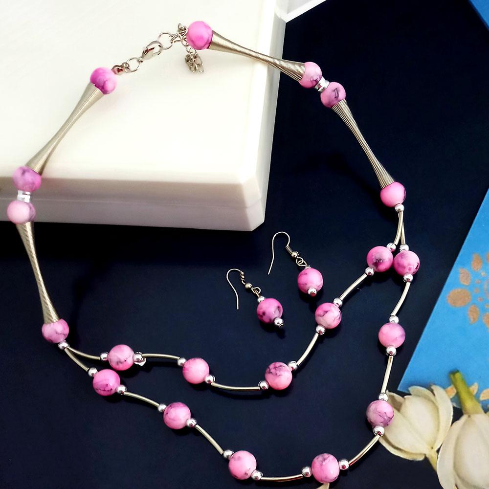Native Haat Silver Plated Pink Beads Necklace Set