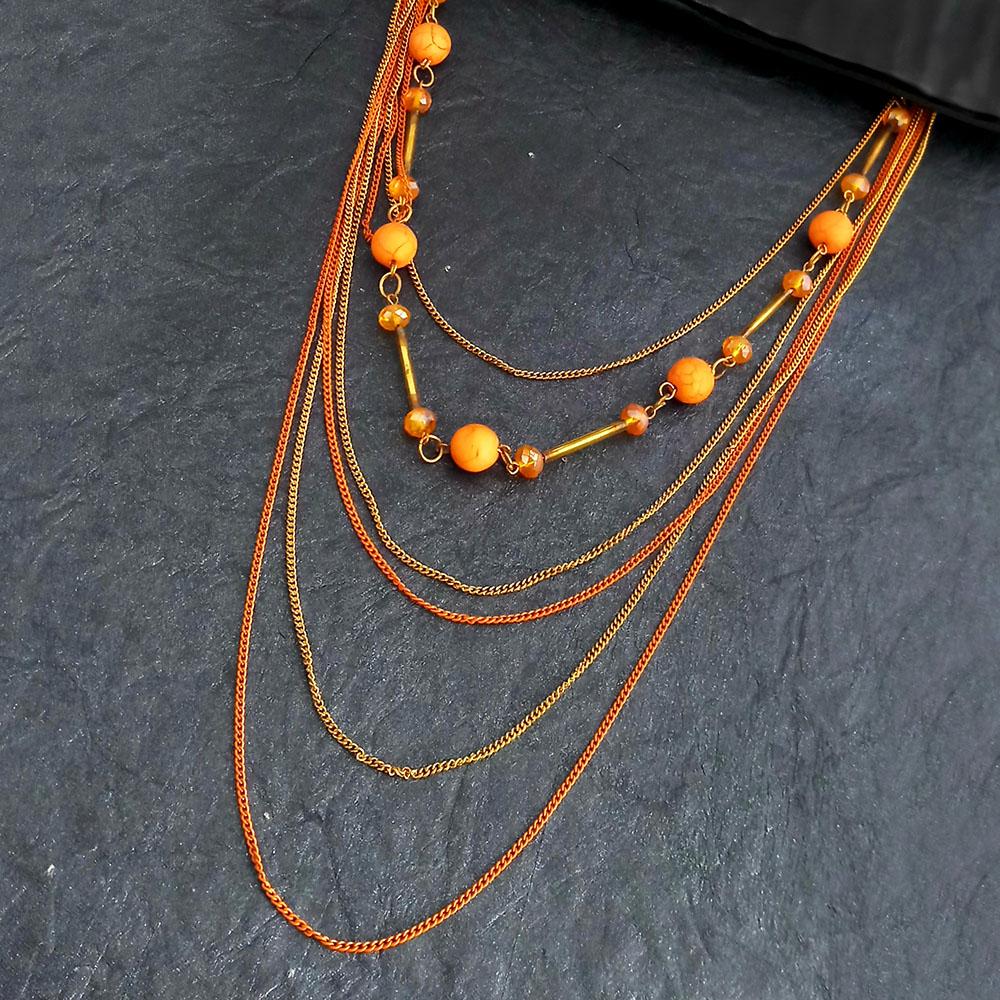 Native Haat Multi Layared Orange Beads Necklace