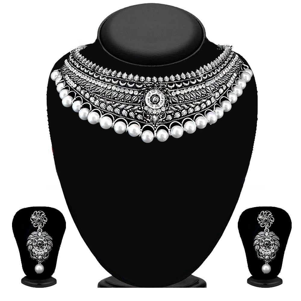 Kriaa Oxidised Plated Austrian Stone & Pearl Choker Necklace Set