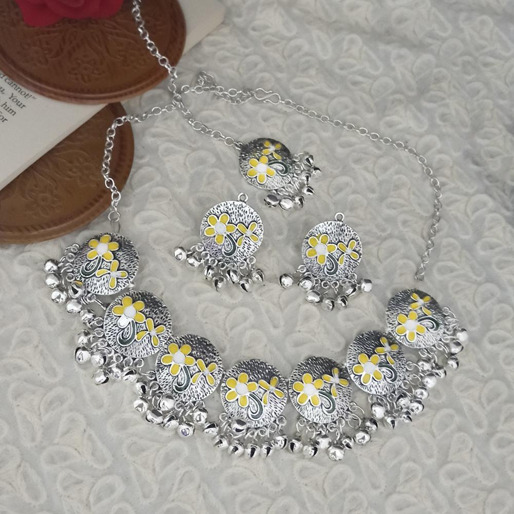 Shreeji Creation Oxidised Plated Yellow Meenakari Necklace Set With Maang Tikka - 1115347E
