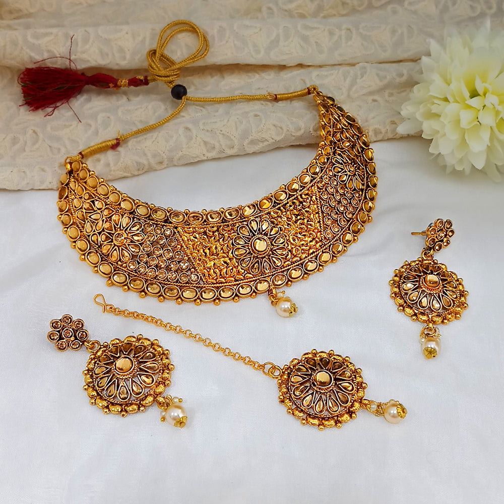 Kumavat Jewels Traditional Choker with Maang Tikka Gold Plated Necklace Set