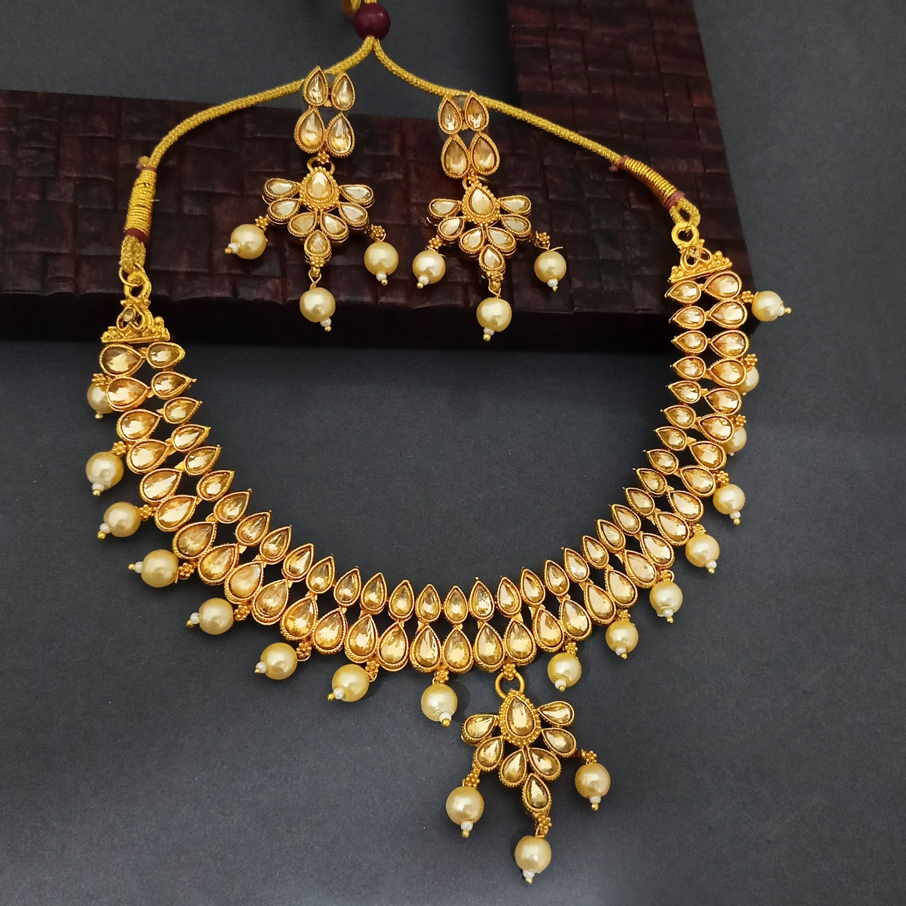 Ramdev Art  Brown Kundan Stone Gold Plated Traditional Choker Necklace Set  -1115823
