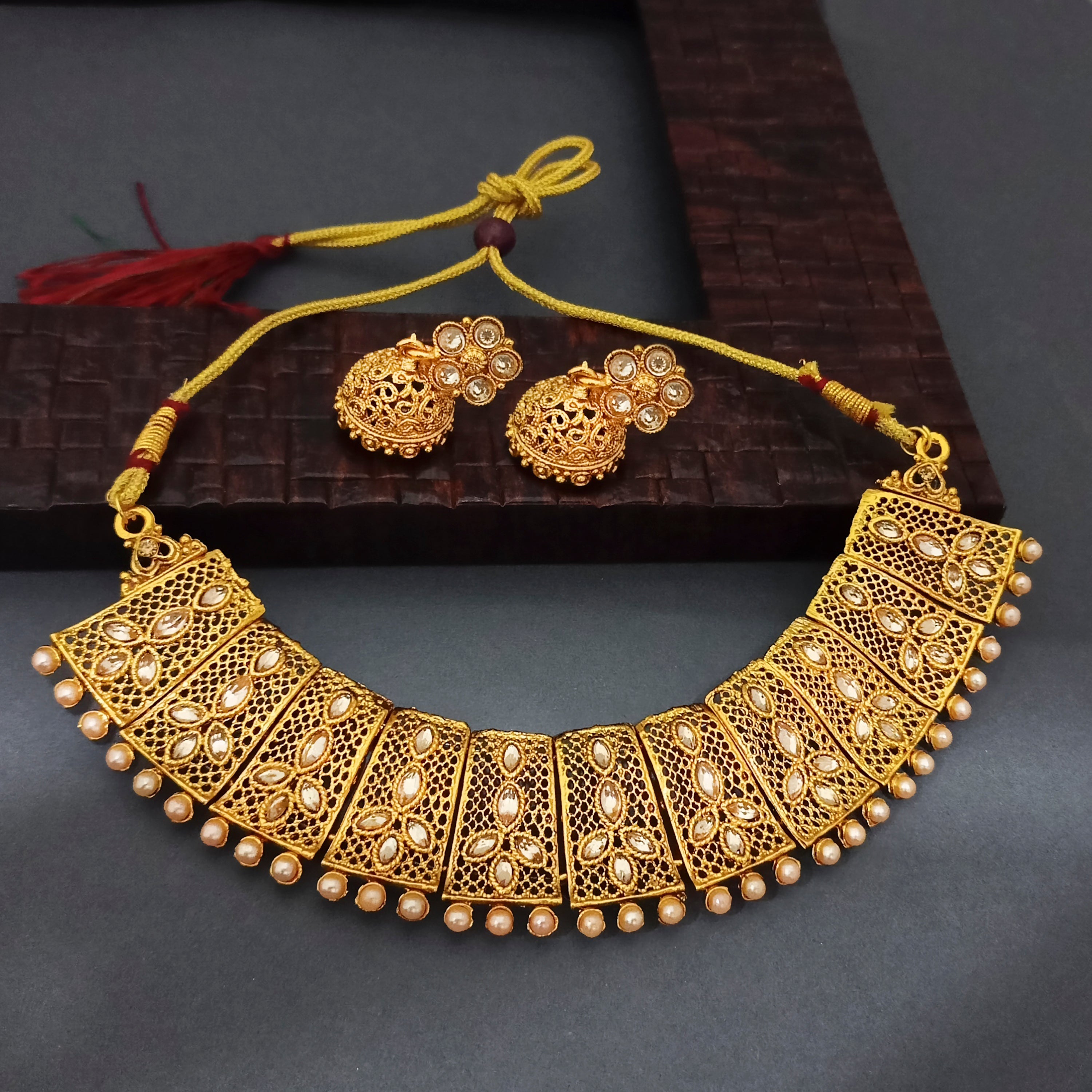 Ramdev Art  Brown Kundan Stone Gold Plated Traditional Choker Necklace Set  -1115825