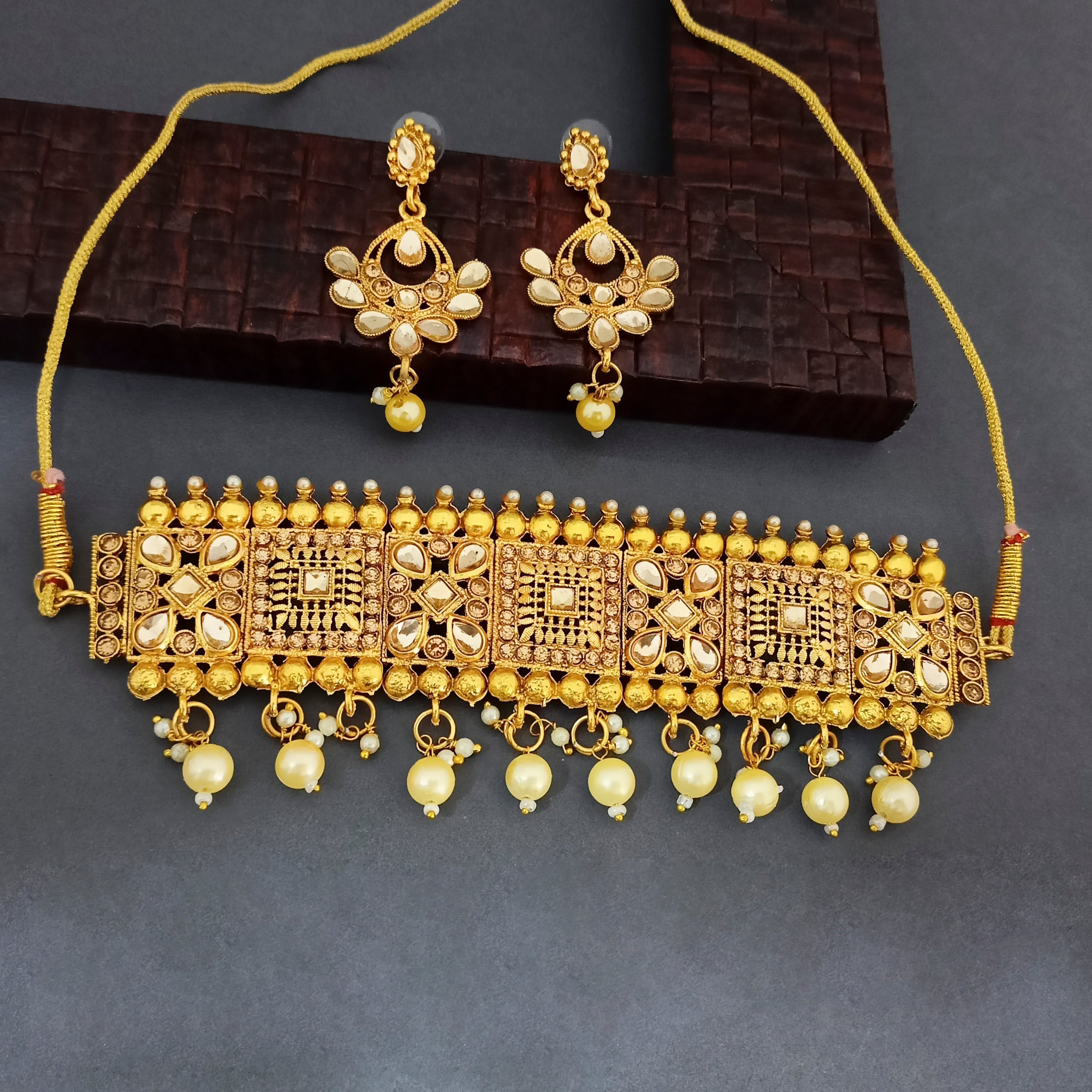 Ramdev Art  Brown Austrian Stone Gold Plated Traditional Choker Necklace Set  -1115826