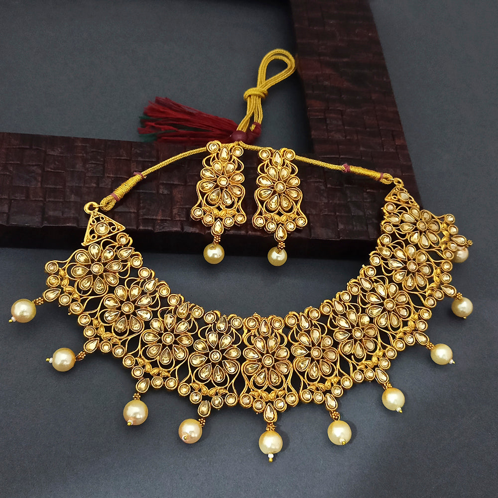 Ramdev Art  Brown Kundan Stone Gold Plated Traditional Choker Necklace Set  -1115827