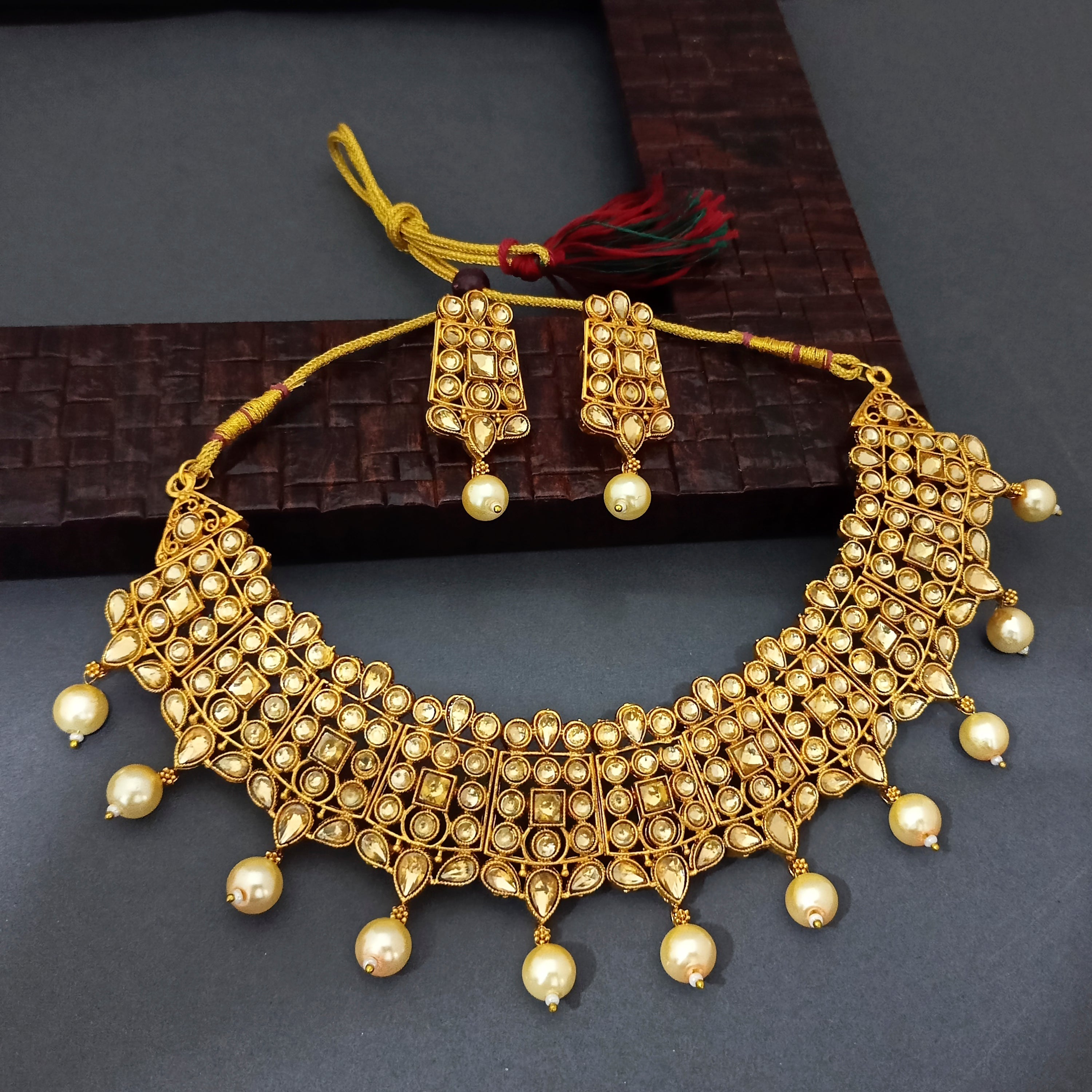 Ramdev Art  Brown Kundan Stone Gold Plated Traditional Choker Necklace Set  -1115828