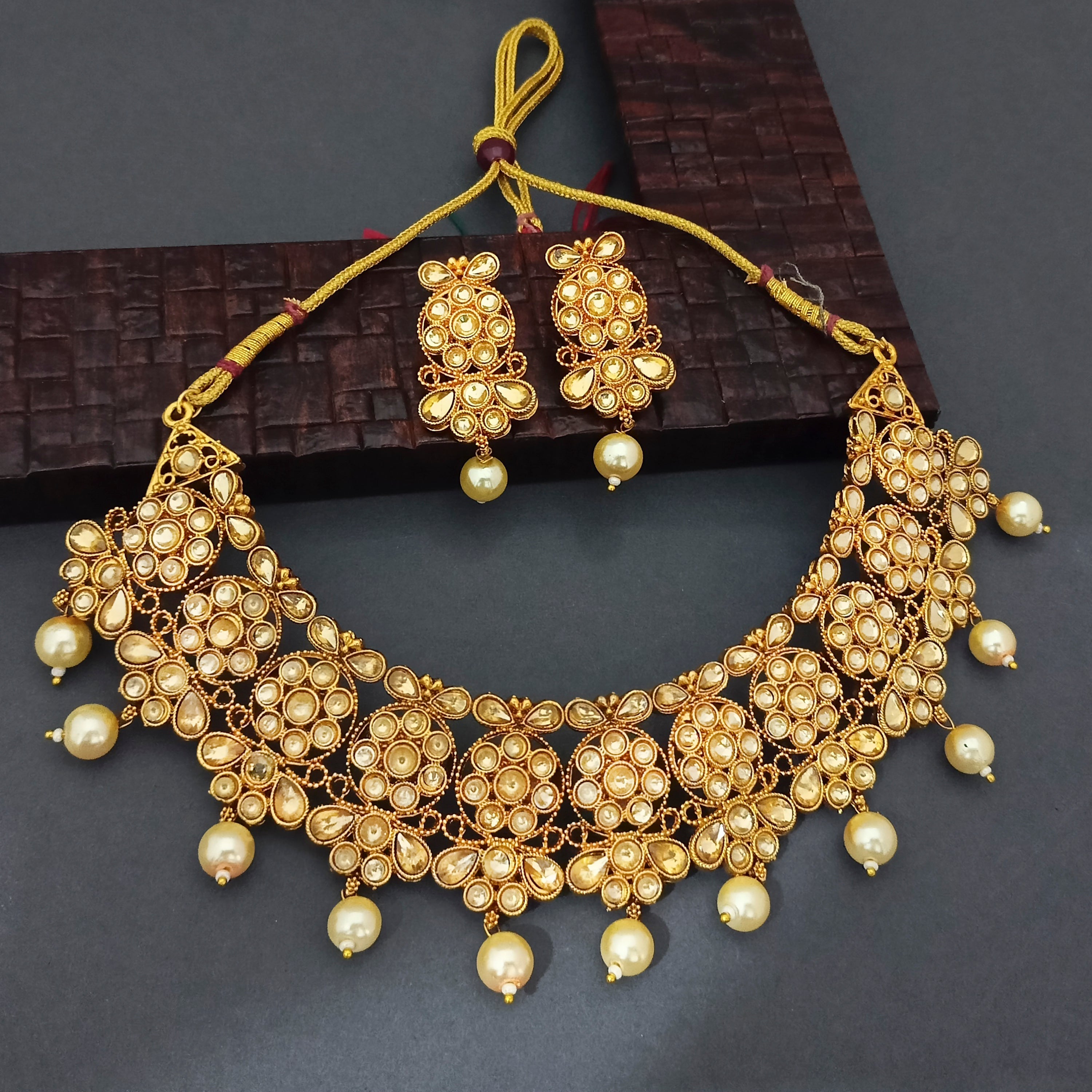 Ramdev Art  Brown Kundan Stone Gold Plated Traditional Choker Necklace Set  -1115829