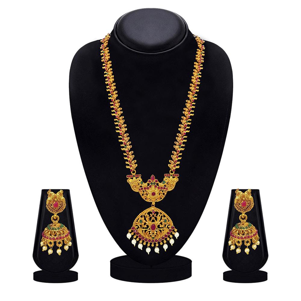 Shreeji Creation Gold Plated Green & Pink & Pearl Double Necklace Set - 1116001