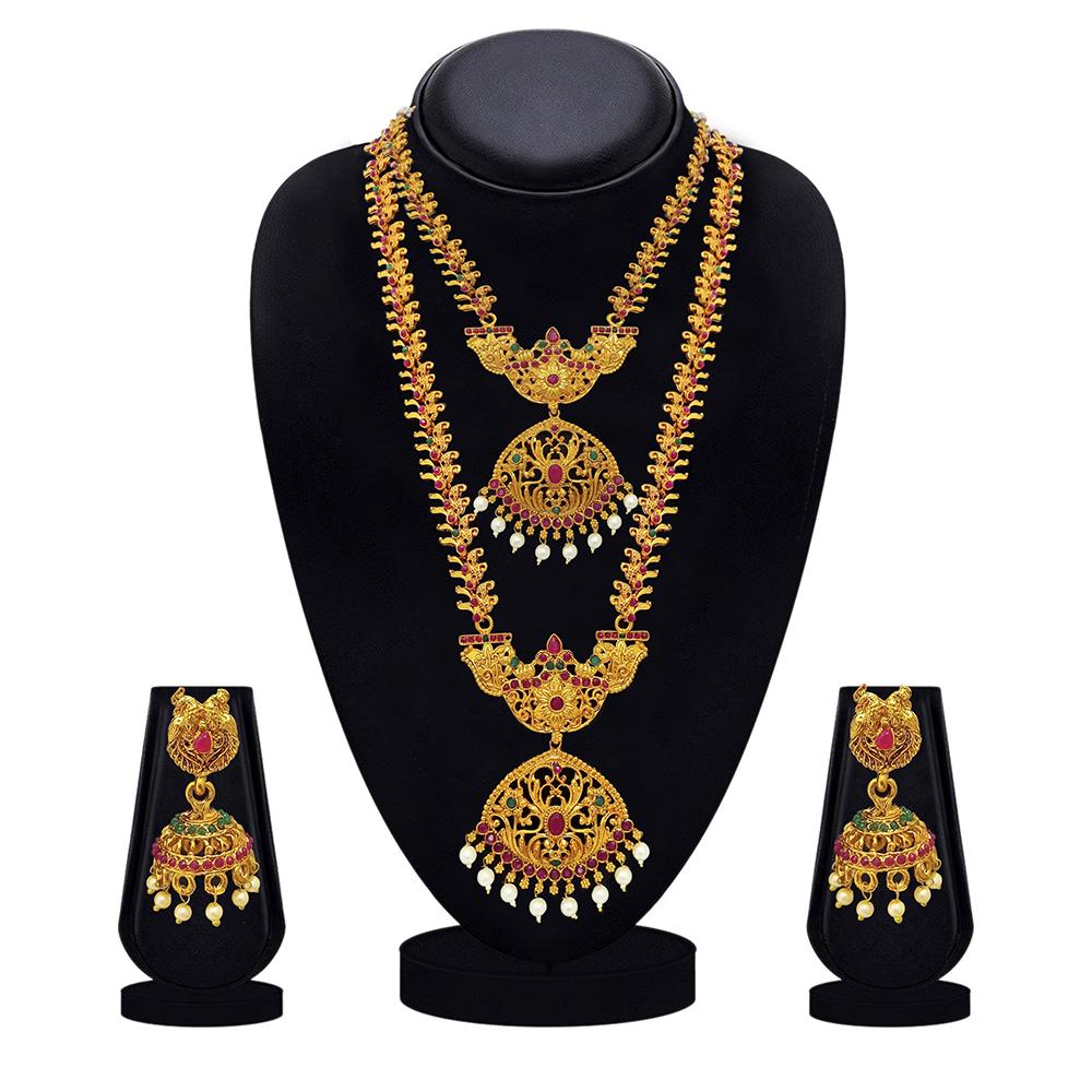 Shreeji Creation Gold Plated Green & Pink & Pearl Double Necklace Set - 1116001