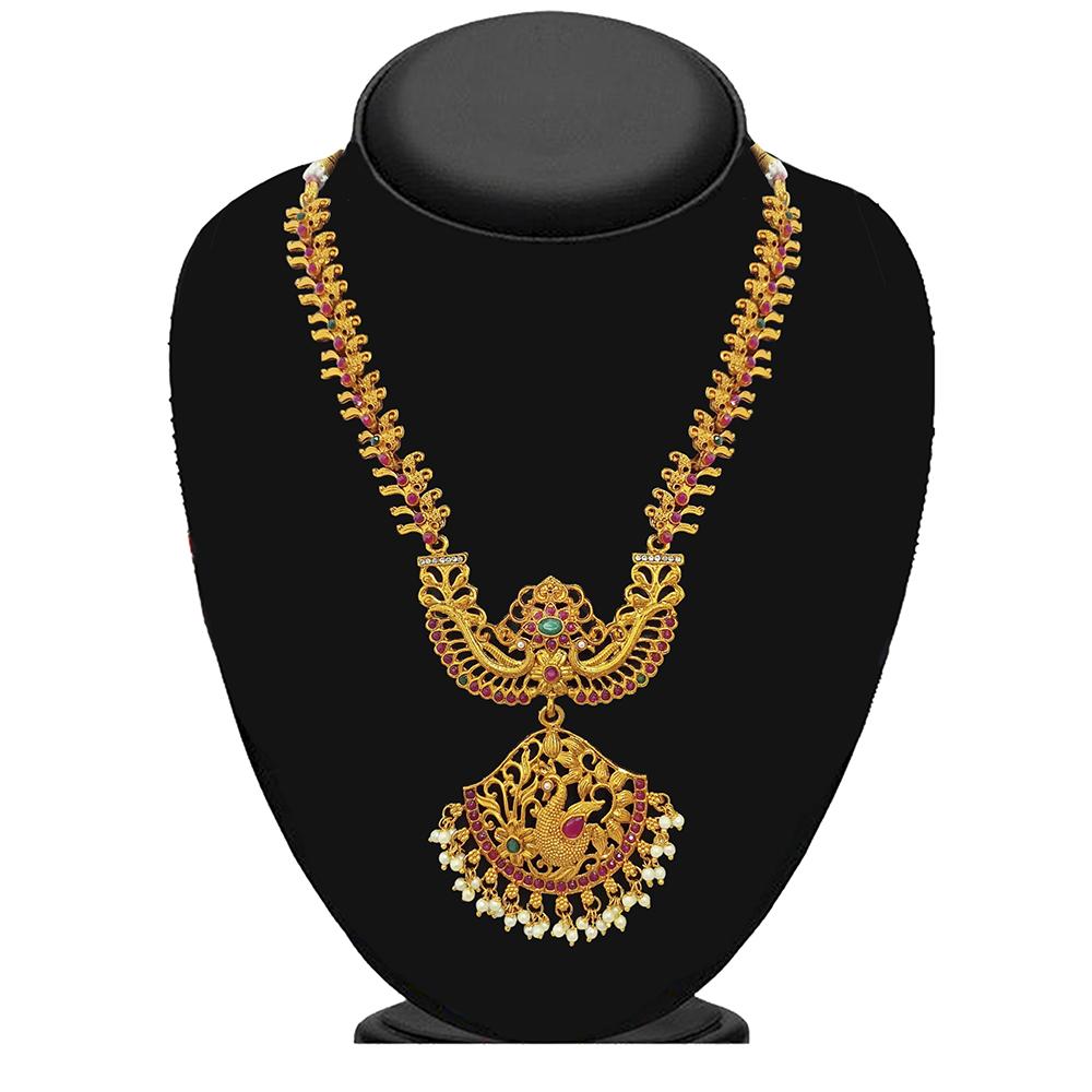 Shreeji Creation Gold Plated Green & Pink & Pearl Double Necklace Set - 1116002